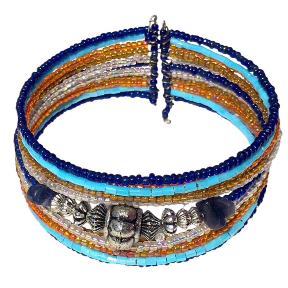 Turquoise Blue Handmade Beaded Memory Wire Bracelet Cuff